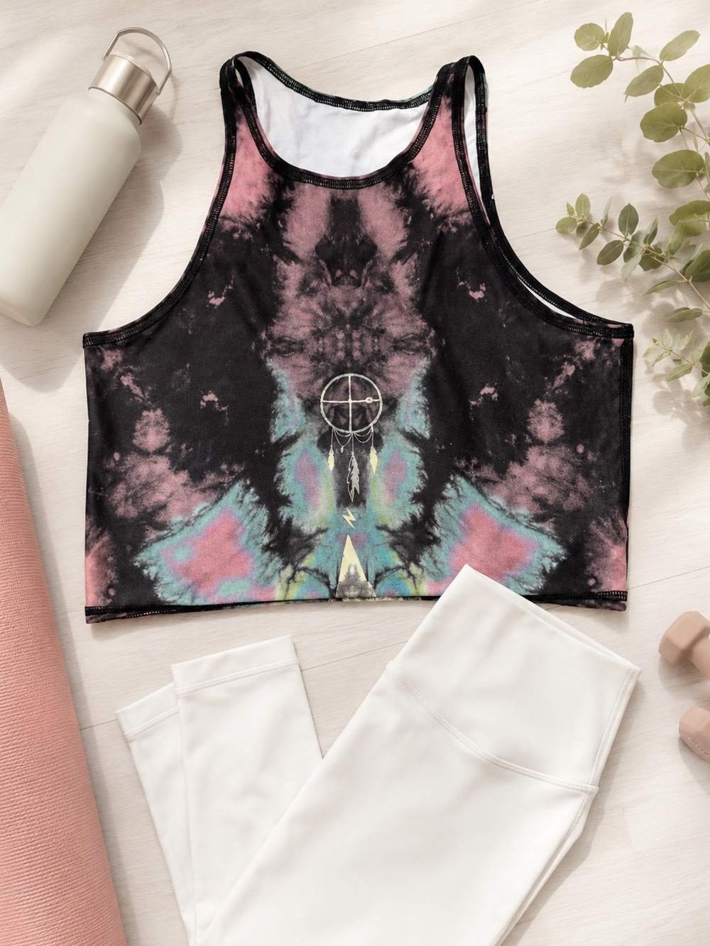 Teeki Tie Dye Crop Top Feather Graphic Yoga Tank Top XS/S - Picture 8 of 8